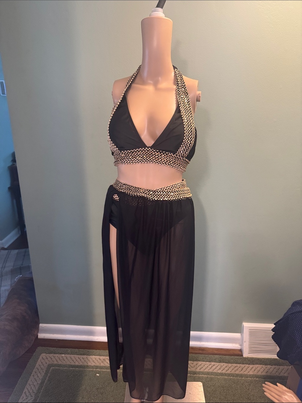 SHEIN Black and Gold Two-Piece Bikini Set with Sheer Skirt